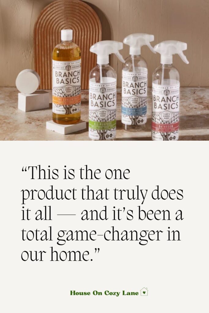 Branch Basics concentrate product with starter kit plastic bottles and a quote about how great it is.