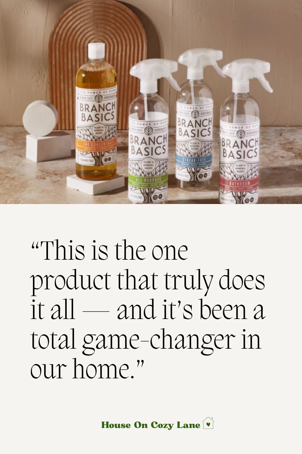 Branch Basics concentrate product with starter kit plastic bottles and a quote about how great it is.