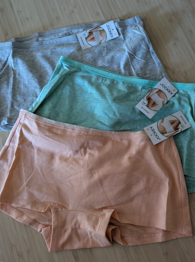 Target's Jockey line of cotton boy shorts laid out in three colors. 