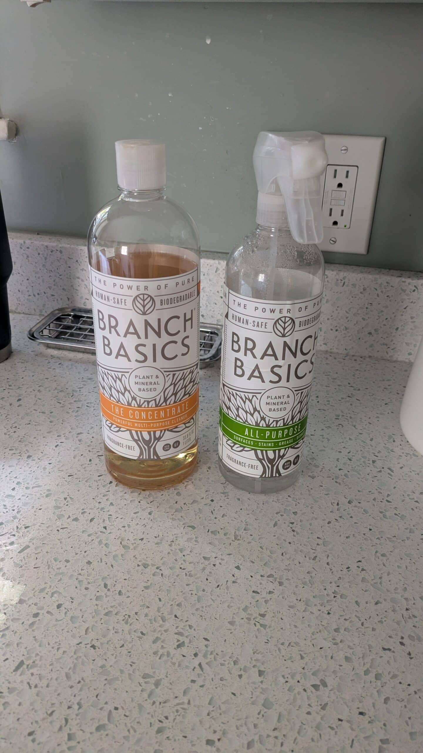 Branch Basics products the concentrate and empty bottle on counter top. Low tox living post