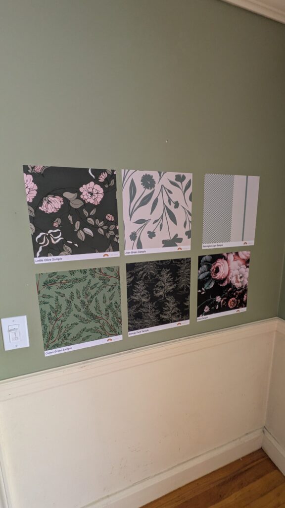LoomWell removable peel and stick wallpaper samples on the wall.