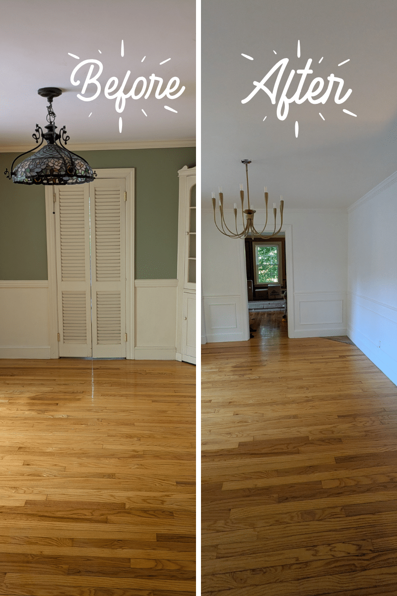 Side by side photos of dining room transformation. Showing DIY wainscotting on a white wall with a modern chandelier.