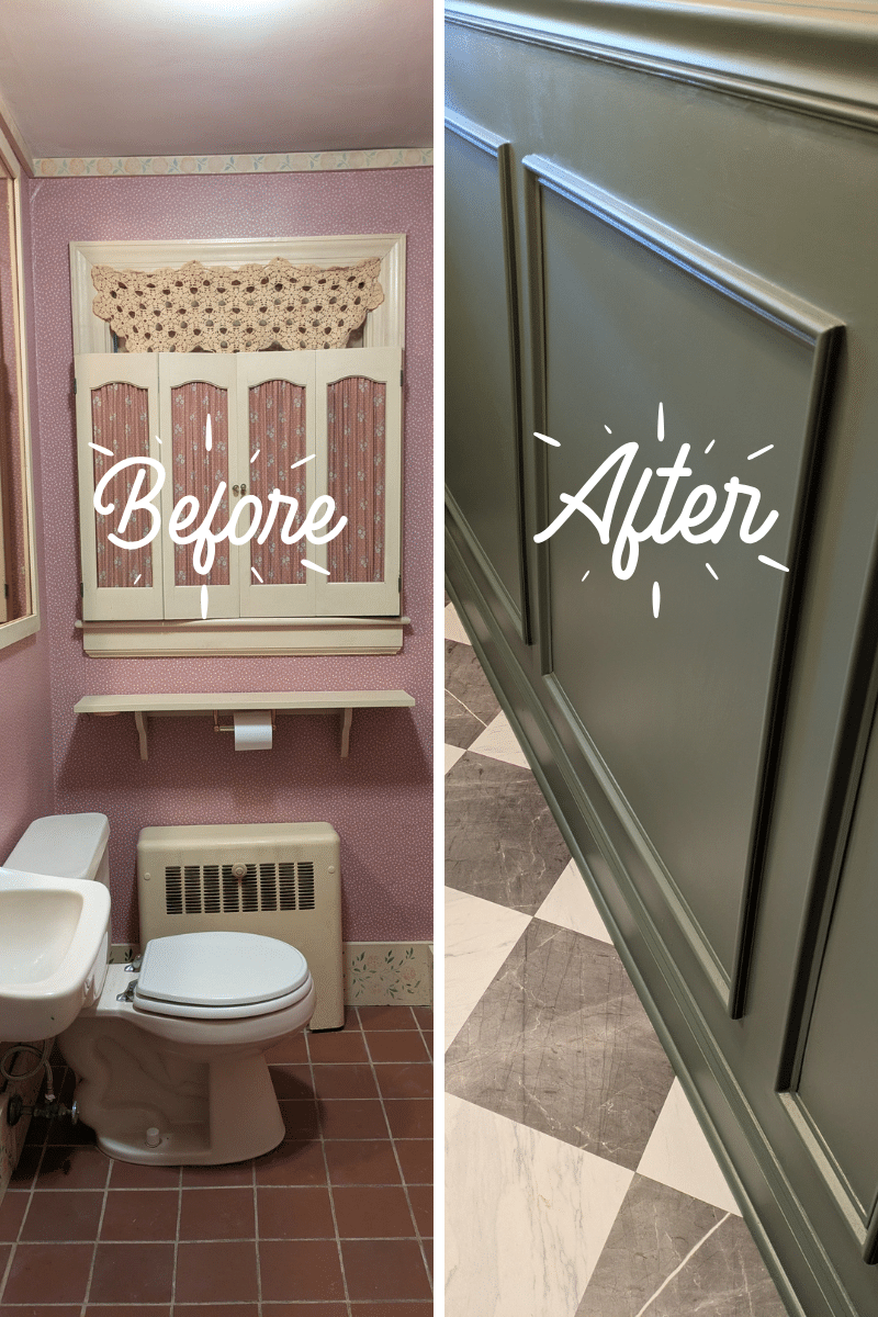 Before and after transformation of old pink bathroom with shutters to a tasteful DIY wainscotting on dark moody green paint with marble checkered tiles.