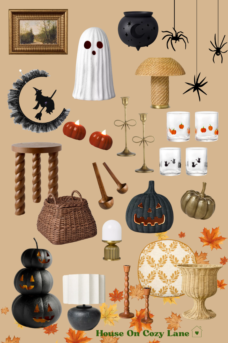 A round up of Fall home decor from Walmart and Target. Including items like table lamps, Halloween glassware, wall art, planter and candleholders.