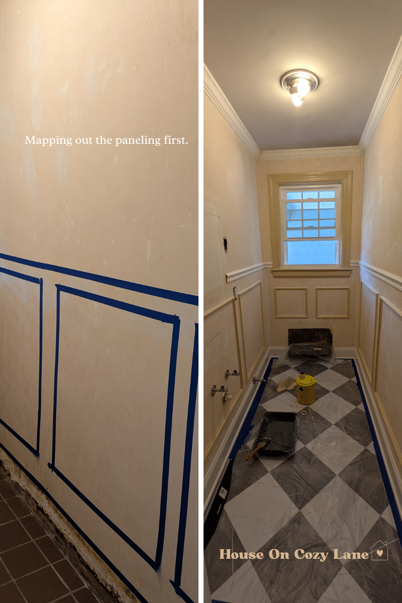 Two images side by side showing how we mapped out the paneling for the wainscotting before hand in our half bathroom and then it shows the actual trim work installed on the wall.