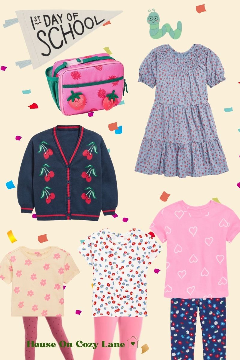 A graphic of back to school cotton girls clothes including a strawberry lunch bag. All bright and fun colors and patterns.