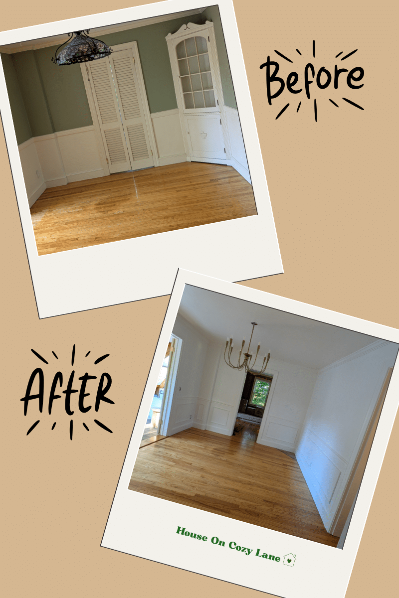 Before and after images of a dining room from outdated with built in cabinet to bright and with a soft white paint and a beautiful modern chandelier.