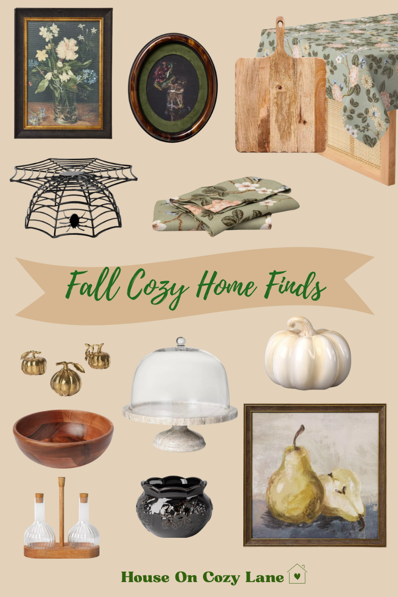 Fall Cozy Deocr Finds includes botanical table cloth and napkin, wall art, Halloween pumpkins, dessert stand and wooden bowl.