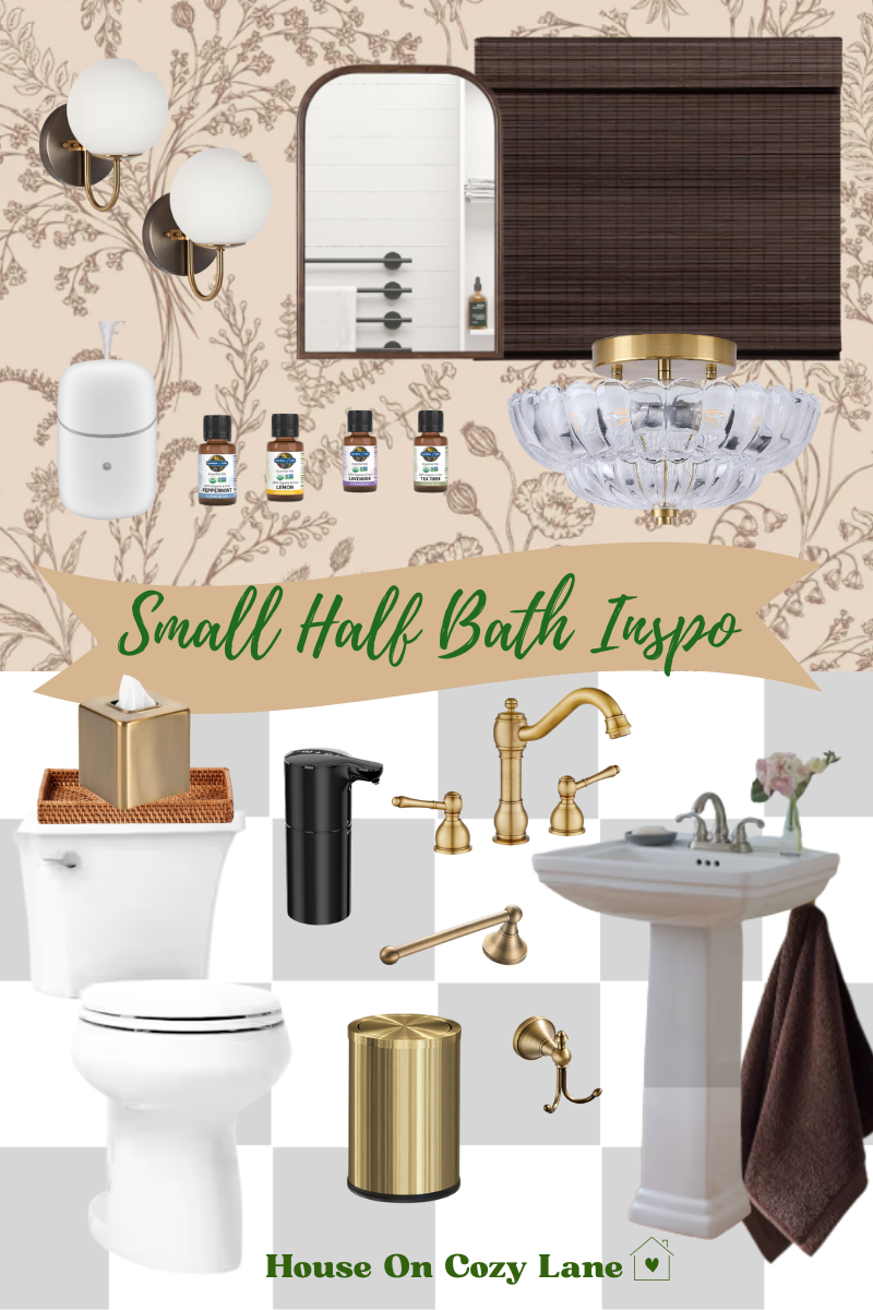 A graphic with half bathroom inspiration includes a curation of pedestal sink, kohler toilet, brass fixtures, Roman shade, tissue box holder, rattan tray, sconces, beautiful wildflower wallpaper and checked tile background.
