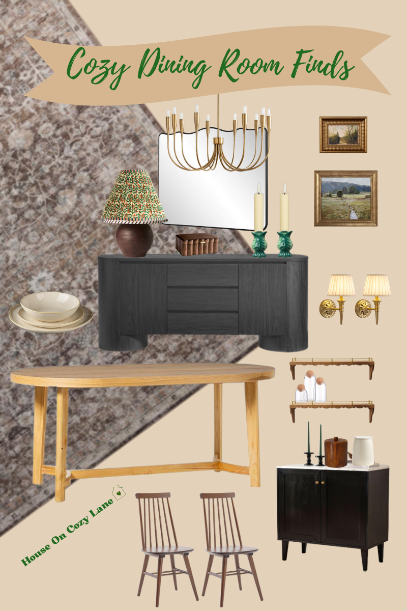 Curation of what's in my dining room. Mirror, sideboard, dining table, chairs and lighting.