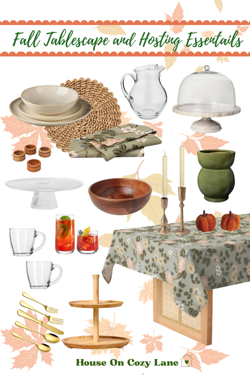An image of curated Fall tablescape and hosting essentials such as serving ware, charger, table cloth, napkins, cake stand, green vase, candles, mugs and cups.
