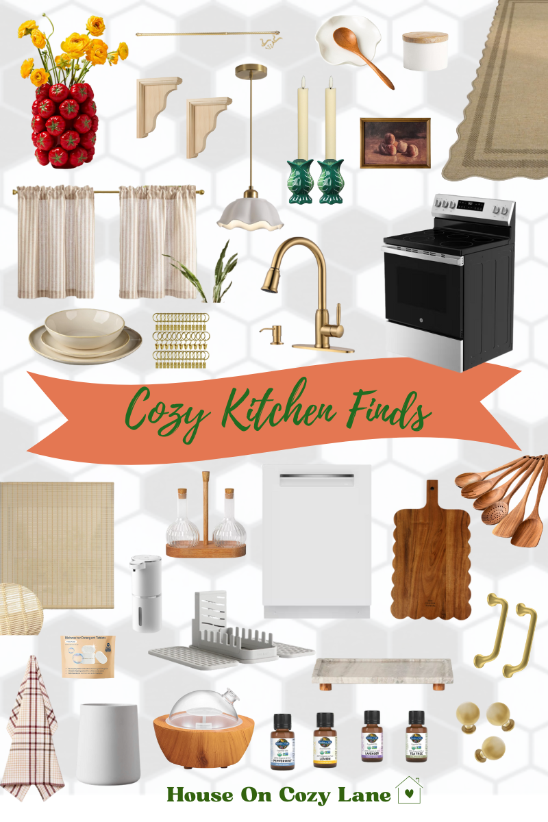 An image of curated kitchen items such as stove, dishwasher, candles, vases, faucet, salt cellar, spoon rest, wooden utensils, runner rug, cafe curtains and more.