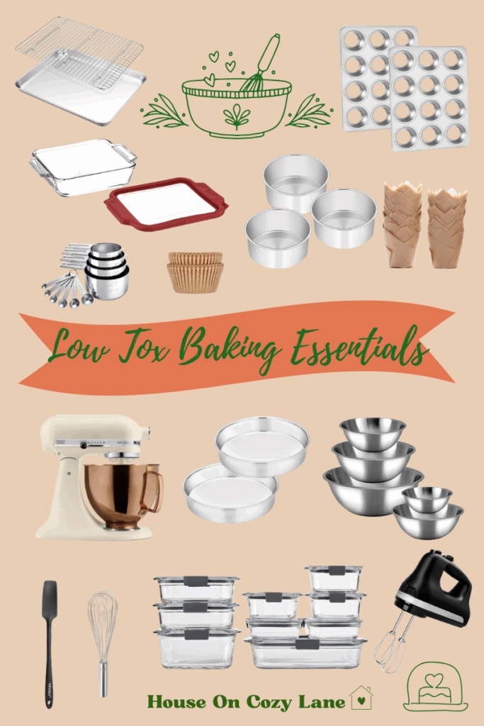 A graphic of curated low tox baking essentails that includes images of stainless steel baking trays, stand mixers, measuring spoons and unbleached baking cups.